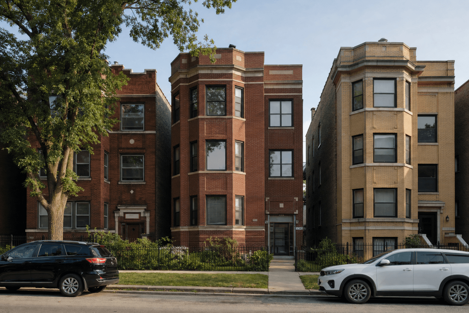 Chicago three-flat buildings with flat roofs