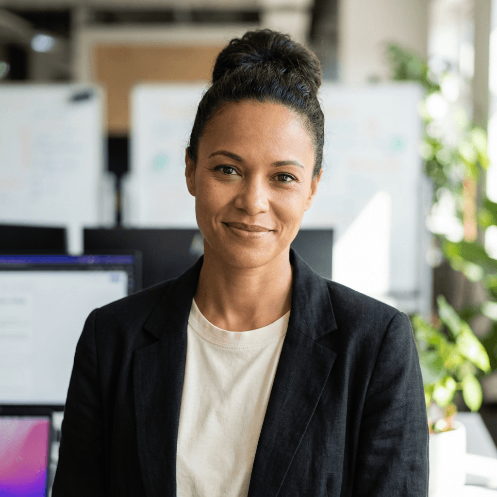 Elena Vasquez in a professional office environment