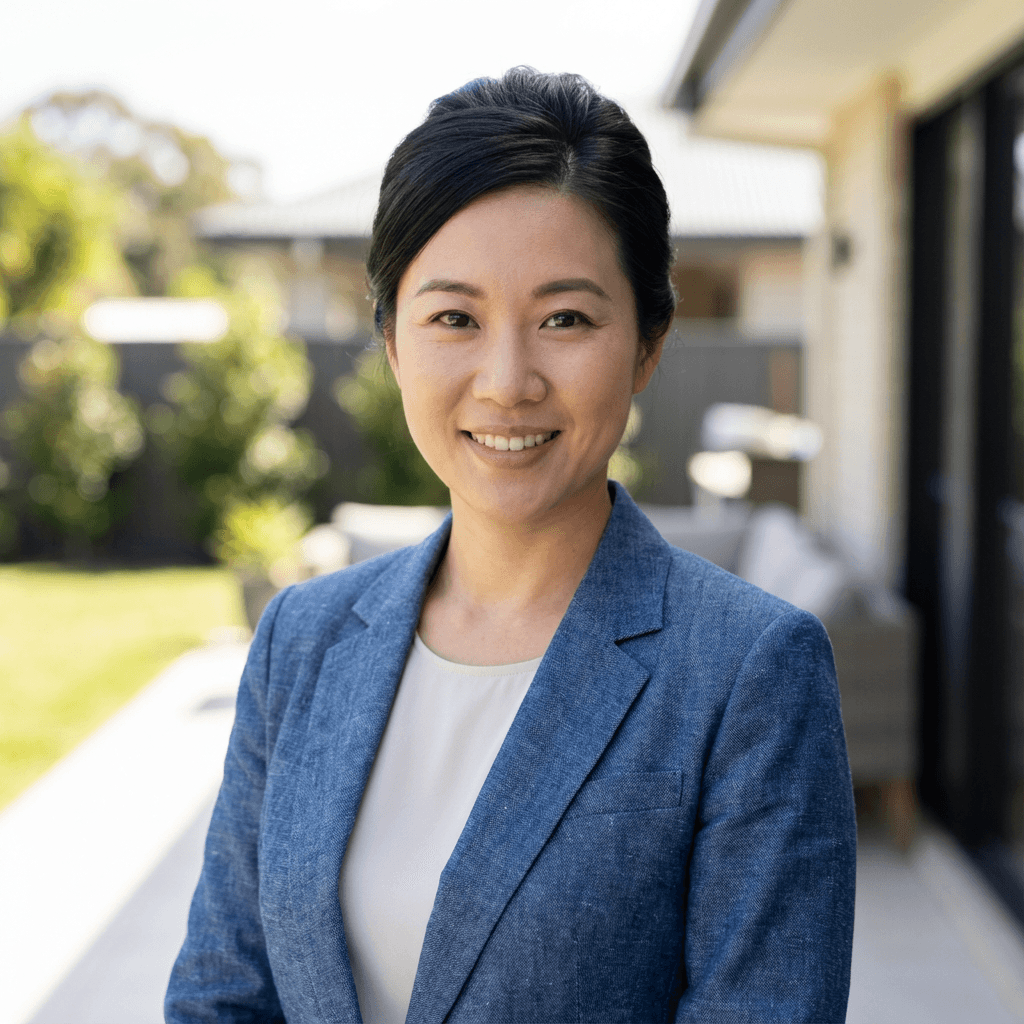 Female property manager in her early 40s, East Asian, organized professional demeanor appropriate for property management