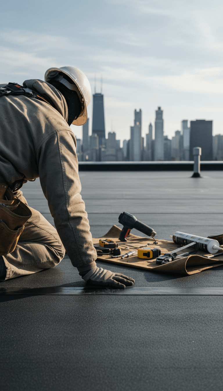 Roofer inspecting a flat roof membrane in Chicago