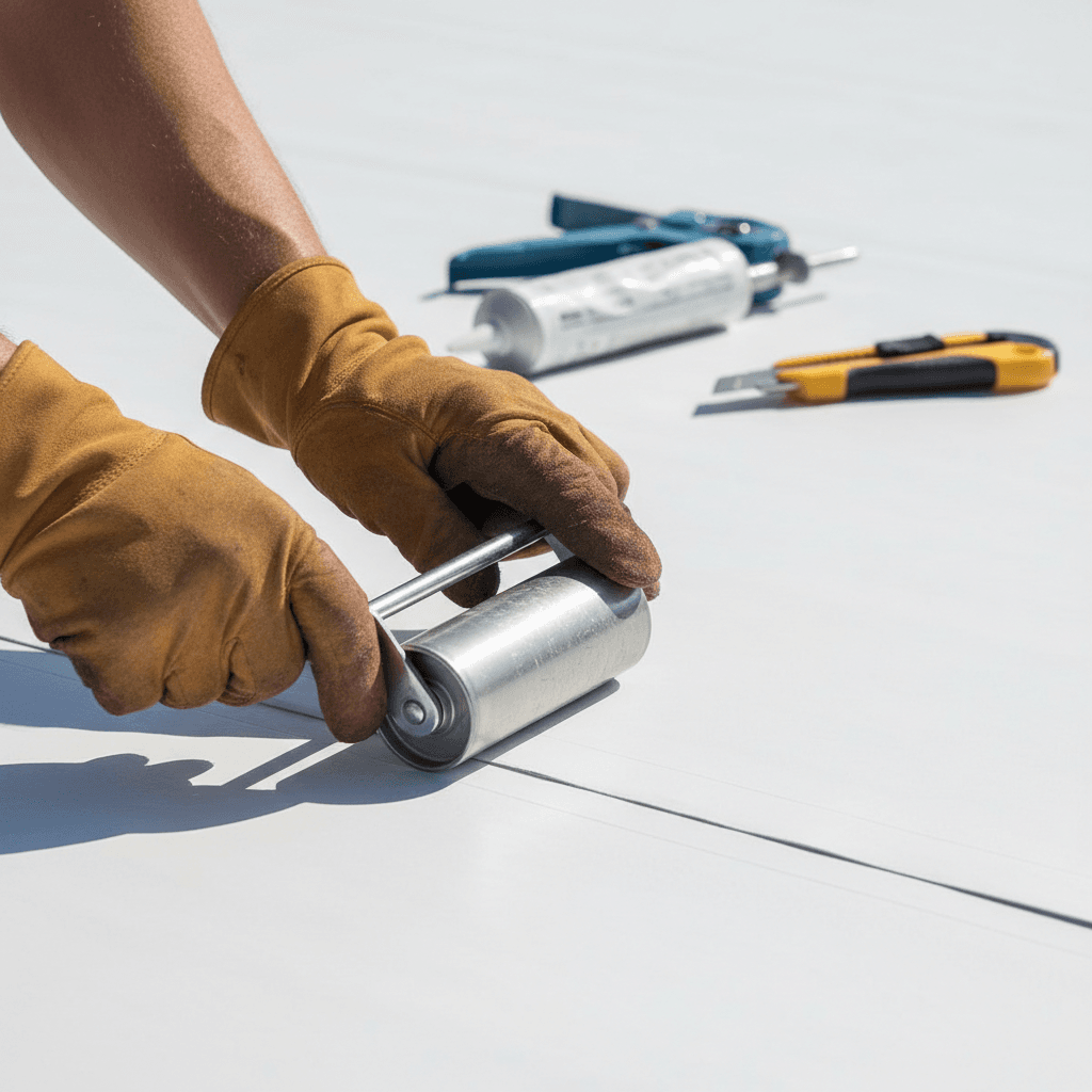 Close-up of roofer sealing a TPO membrane seam on a flat roof