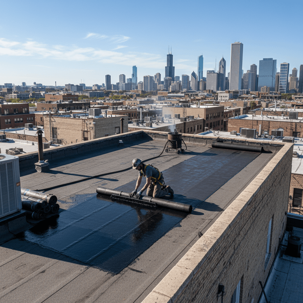Overhead view of roofer laying felt on a built-up flat roof