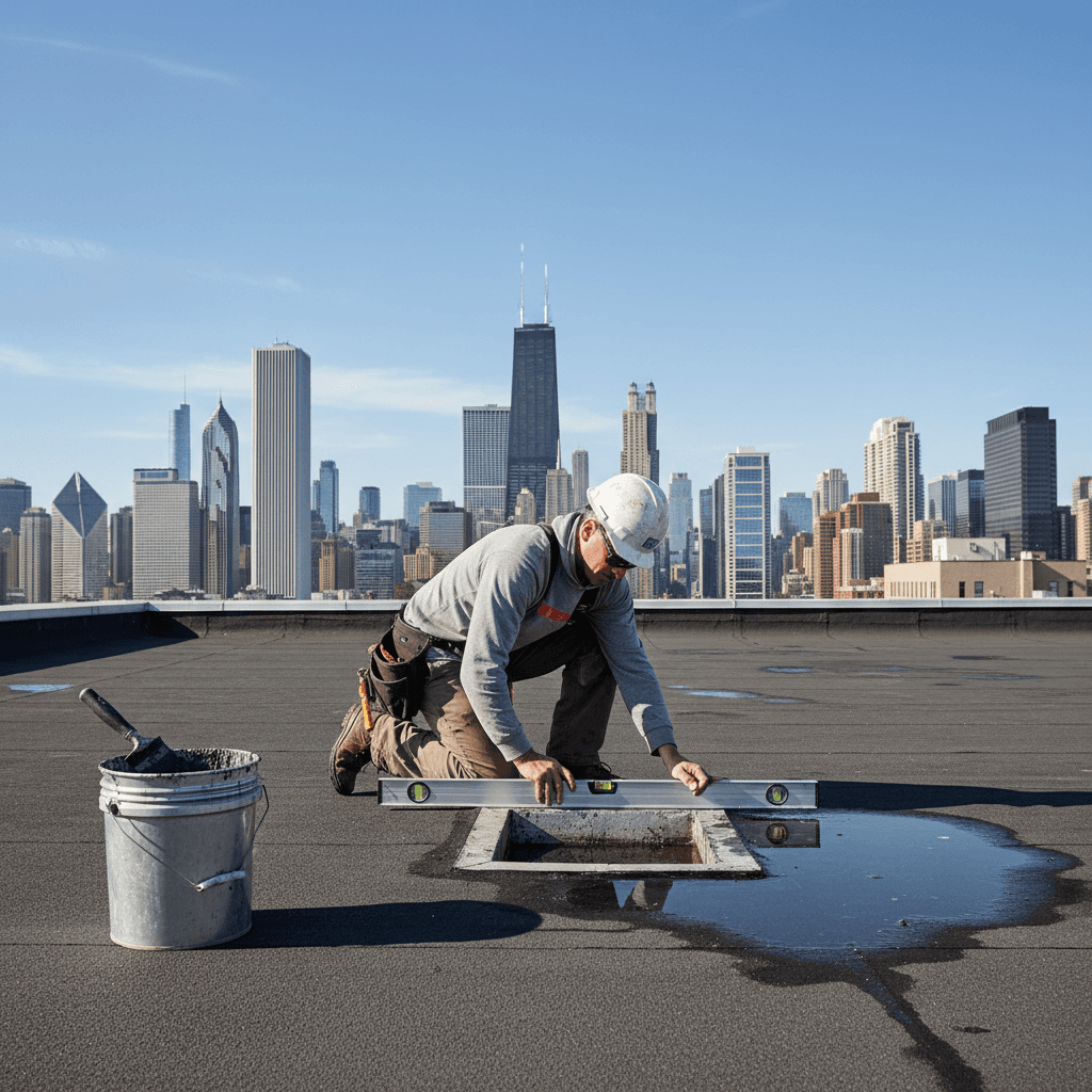 Roofer checking the slope of a flat roof to fix ponding water