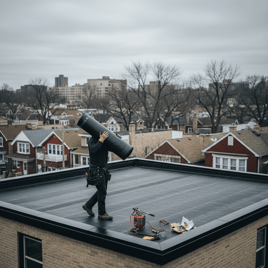 Roofer walking across a flat roof on a single-family house in Chicago