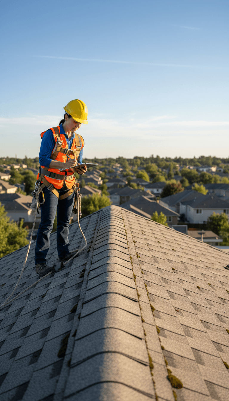 Roofer inspecting a flat roof surface in Chicago