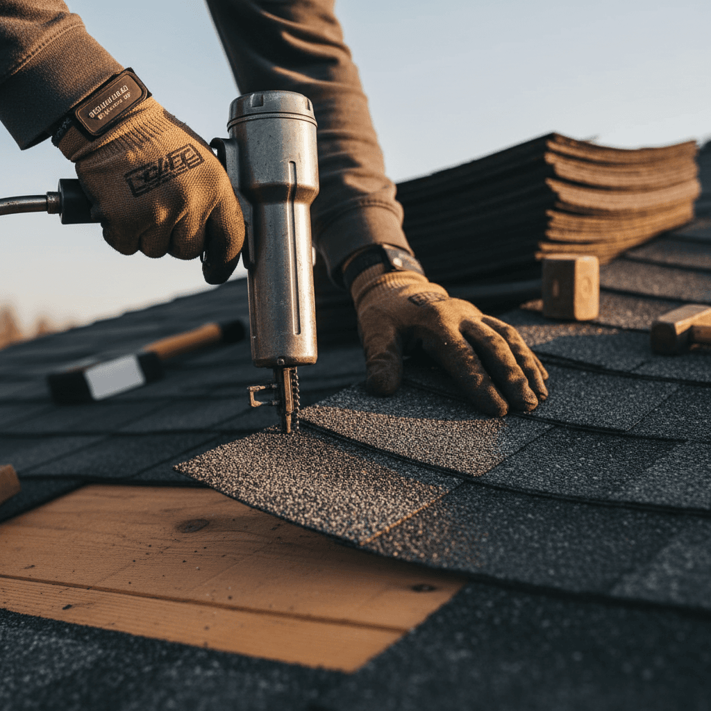 Roofer inspecting a flat roof membrane by hand